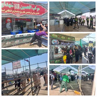 خدمت رسانی مواکب، نیروهای خدماتی، نظامی و انتظامی خرمشهر به زوار در گرما و رطوبت زیاد هوا