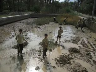 لایروبی استخر ذخیره آب کشاورزی روستای حاجی آباد زرّین توسط گروه جهادی
